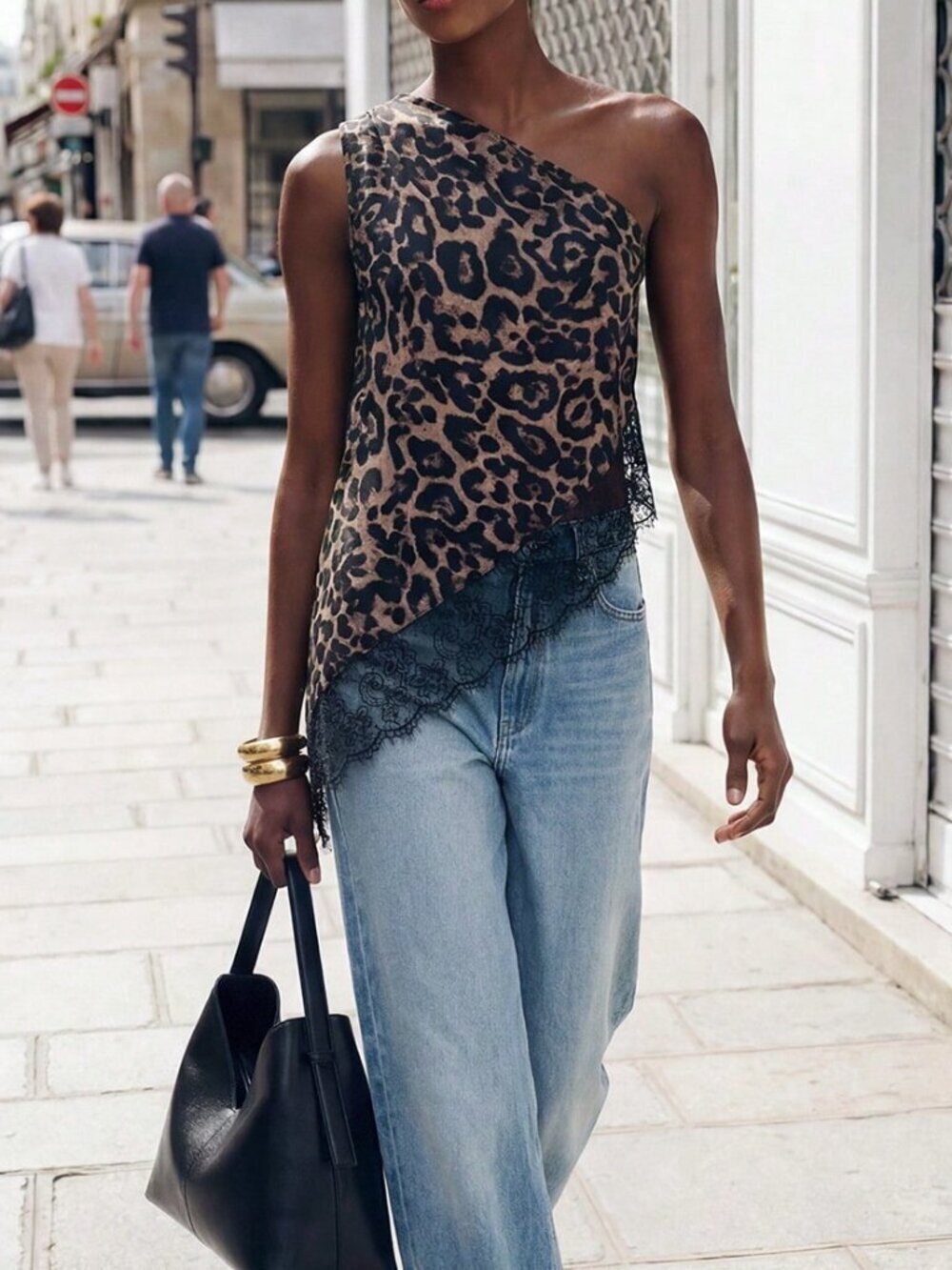 Brown Casual Women's Leopard Print Lace Asymmetrical Hem Blouse